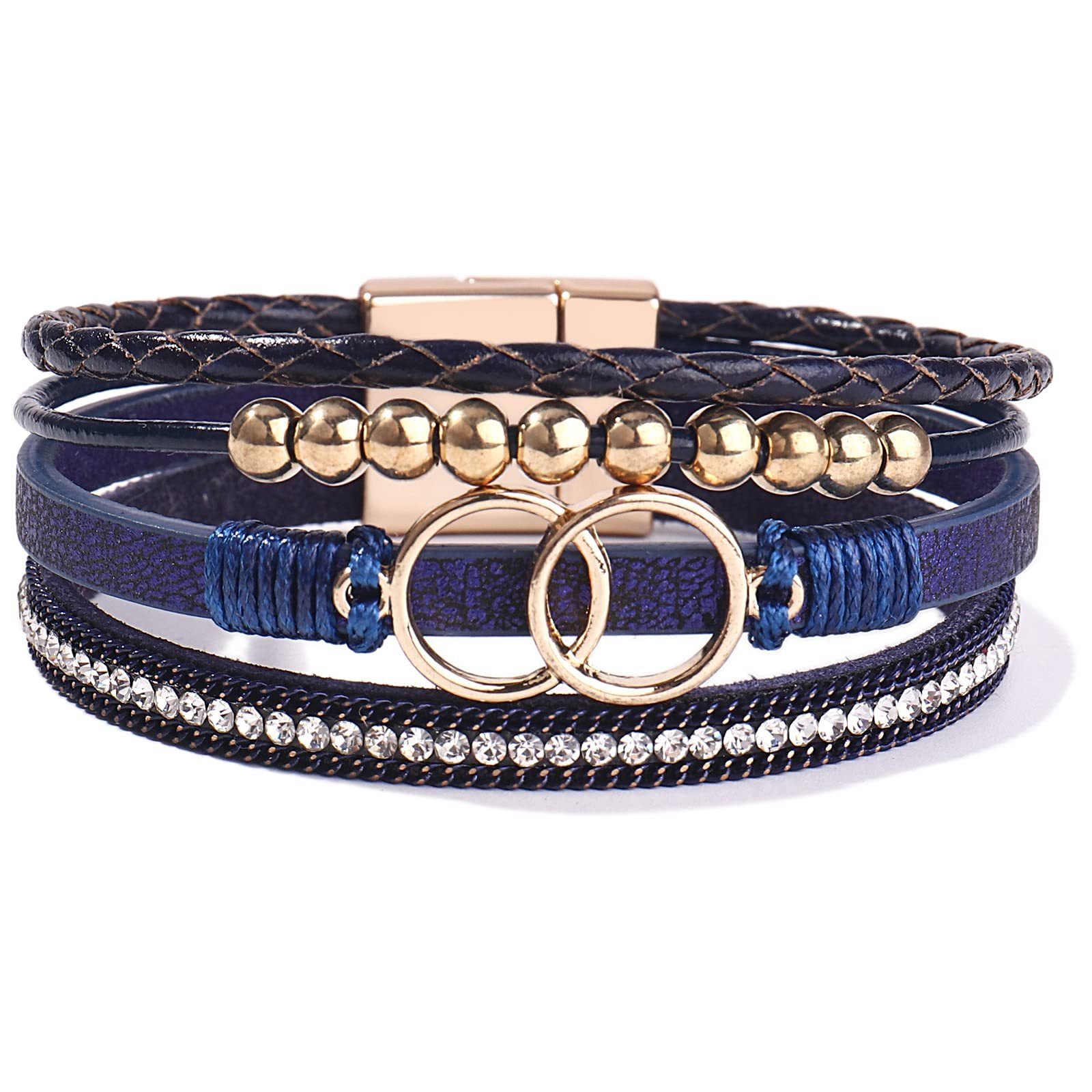 Wholesale Handmade Magnetic Clasp Diamond Encrusted Leather Bracelet